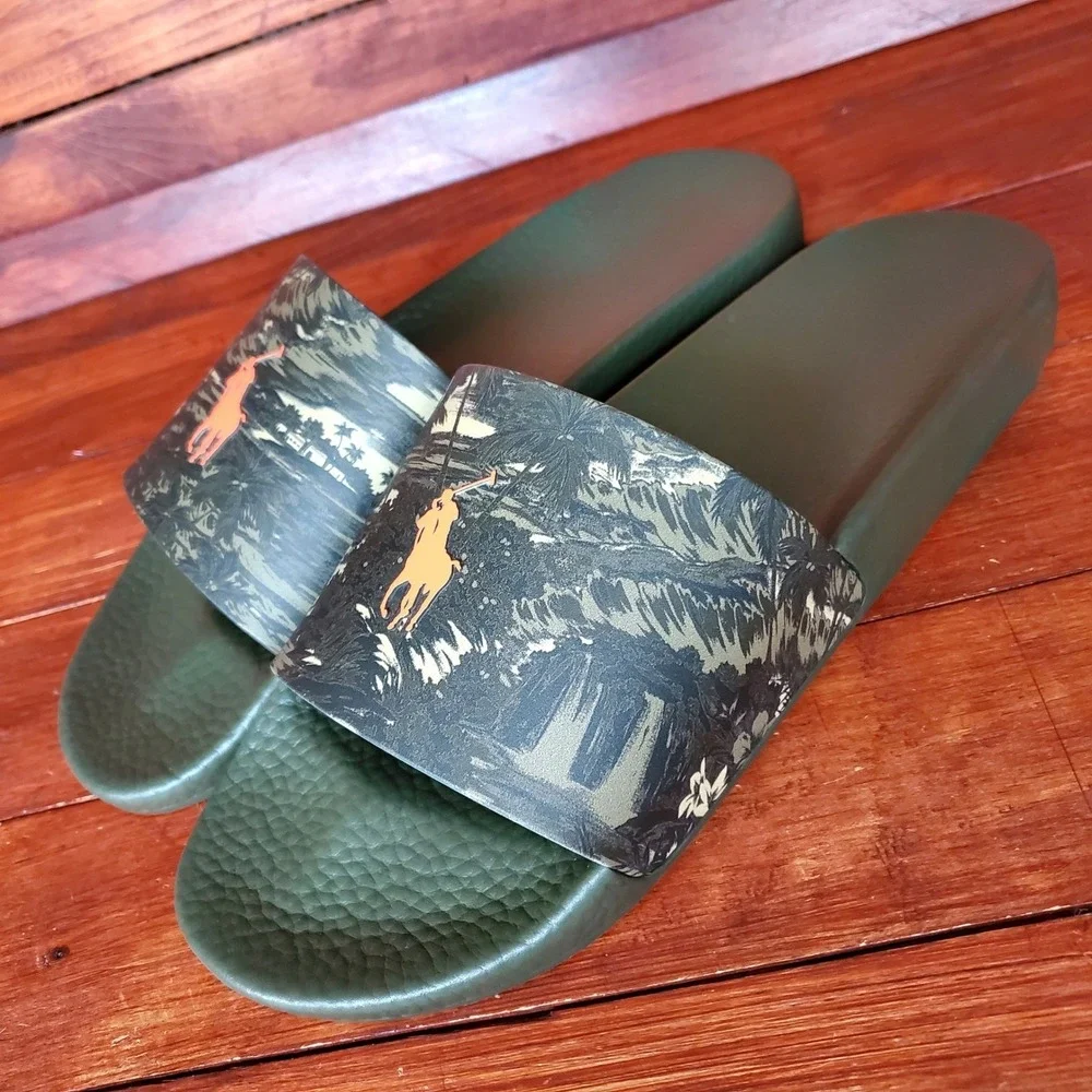 Polo Ralph Lauren Slides Men 14 Green Tropical Island Hawaiian Big Pony‎ New